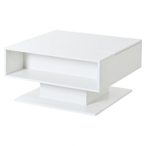 Table Basse 80x75x40/54 Cm, 1 Niche, Plateau Relevable Hydraulique, LED, Blanc