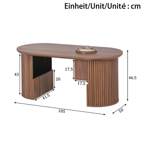 Table Basse Ovale 105x50x46.5 Cm, Style Rétro, Mdf, Noyer