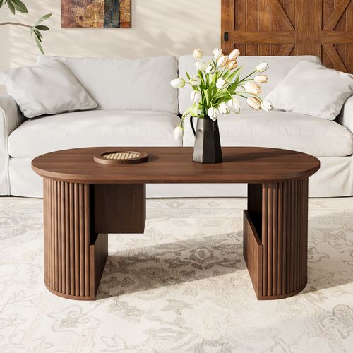 Table Basse Ovale 105x50x46.5 Cm, Style Rétro, Mdf, Noyer
