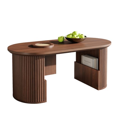 Table Basse Ovale 105x50x46.5 Cm, Style Rétro, Mdf, Noyer