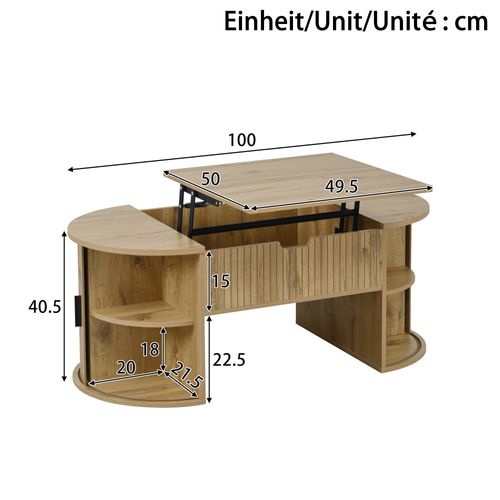 Table Basse 100x50x40.5 Cm, Plateau Relevable, 2 Portes Coulissantes, Mdf, Chêne