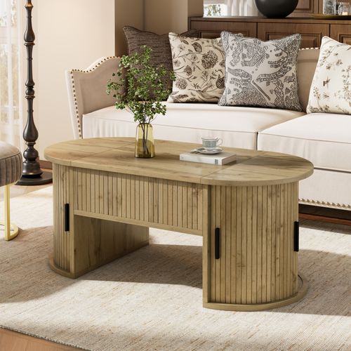 Table Basse 100x50x40.5 Cm, Plateau Relevable, 2 Portes Coulissantes, Mdf, Chêne