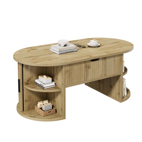 Table Basse 100x50x40.5 Cm, Plateau Relevable, 2 Portes Coulissantes, Mdf, Chêne