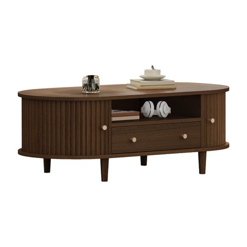 Table Basse Ovale 100x50x36 Cm, 2 Porte Coulissante, 1 Tiroir, 1 Niche, Mdf, Noyer