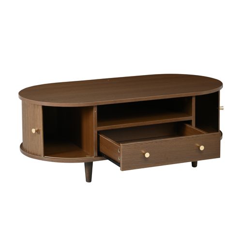Table Basse Ovale 100x50x36 Cm, 2 Porte Coulissante, 1 Tiroir, 1 Niche, Mdf, Noyer