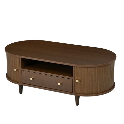 Table Basse Ovale 100x50x36 Cm, 2 Porte Coulissante, 1 Tiroir, 1 Niche, Mdf, Noyer