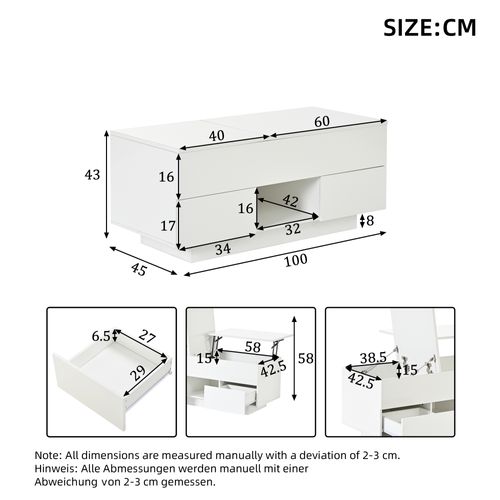 Table Basse 100x45x43 Cm Plateau Relevable, LED, 2 Tiroirs, Panneau De Particules, Blanc