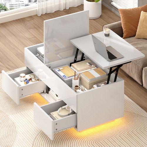 Table Basse 100x45x43 Cm Plateau Relevable, LED, 2 Tiroirs, Panneau De Particules, Blanc