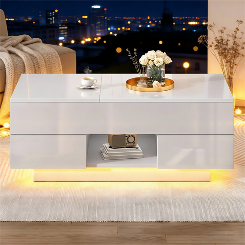 Table Basse 100x45x43 Cm Plateau Relevable, LED, 2 Tiroirs, Panneau De Particules, Blanc