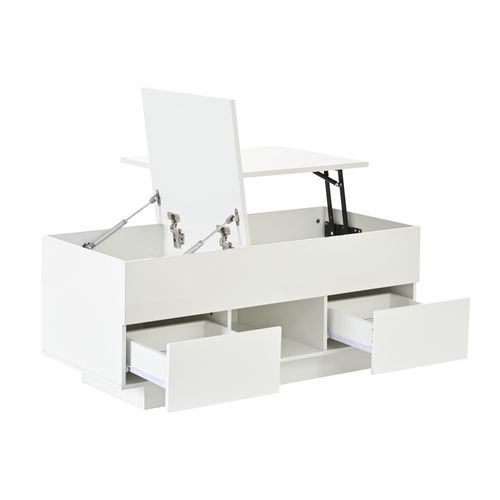 Table Basse 100x45x43 Cm Plateau Relevable, LED, 2 Tiroirs, Panneau De Particules, Blanc