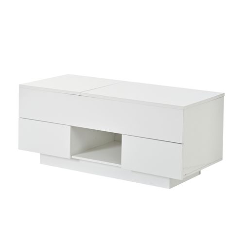 Table Basse 100x45x43 Cm Plateau Relevable, LED, 2 Tiroirs, Panneau De Particules, Blanc