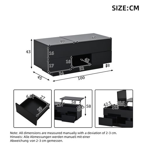 Table Basse 100x45x43 Cm Plateau Relevable, LED, 2 Tiroirs, Panneau De Particules, Noir