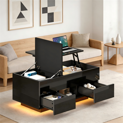 Table Basse 100x45x43 Cm Plateau Relevable, LED, 2 Tiroirs, Panneau De Particules, Noir