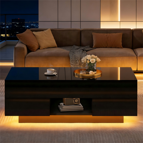 Table Basse 100x45x43 Cm Plateau Relevable, LED, 2 Tiroirs, Panneau De Particules, Noir