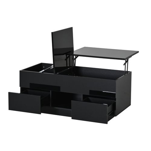 Table Basse 100x45x43 Cm Plateau Relevable, LED, 2 Tiroirs, Panneau De Particules, Noir