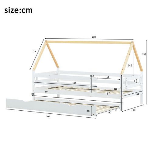 Lit Enfant Cabane 90x200 Cm Avec Lit Gigogne Sur Roulettes En Pin Blanc Naturel