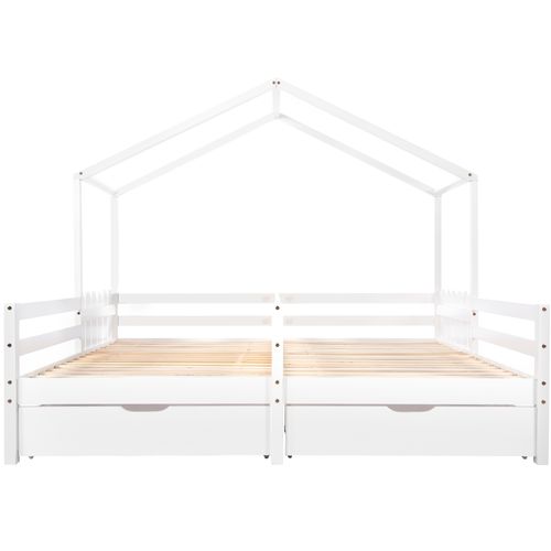 Lit Cabane Enfant 90x200 Cm Avec 2 Tiroirs En Pin Blanc, 2 Couchages Et Barrières De Sécurité