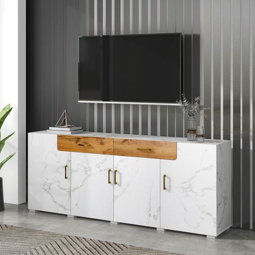 Buffet Salon/entrée Avec 2 Tiroirs Et 4 Portes, Blanc Effet Marbre Et Imitation Chêne