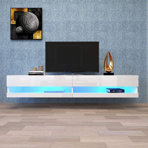 Meuble TV Suspendu Mural 140x40x30.5 Cm Blanc Avec LED, Ports USB Et Rangement Ouvert