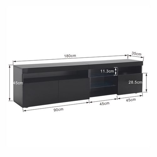 Meuble TV 180cm Noir Laqué LED Avec 3 Portes Et 5 Niches, Étagères Verre, Rangement Idéal