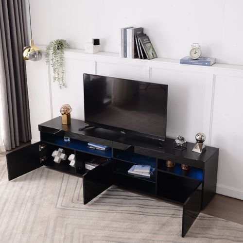 Meuble TV 180cm Noir Laqué LED Avec 3 Portes Et 5 Niches, Étagères Verre, Rangement Idéal
