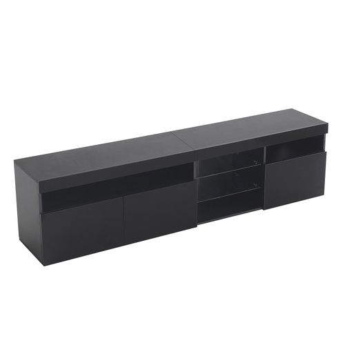 Meuble TV 180cm Noir Laqué LED Avec 3 Portes Et 5 Niches, Étagères Verre, Rangement Idéal
