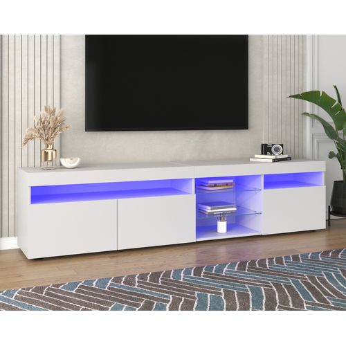Meuble TV 180cm Blanc Laqué LED Avec 3 Portes Et 5 Niches, Étagères Verre, Rangement Idéal