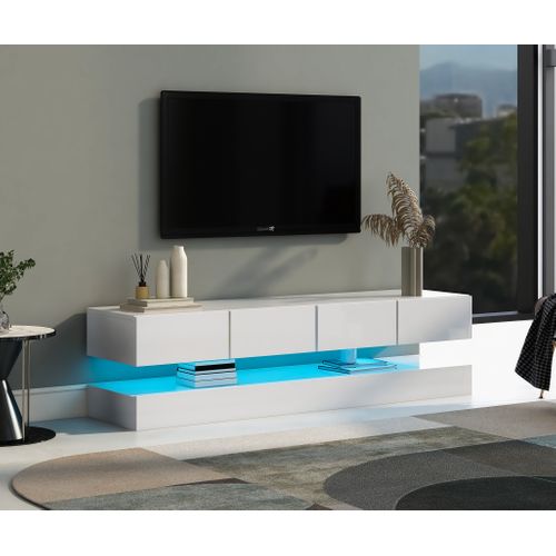 Meuble TV Mural 130 X 33 X 15 Cm Blanc Avec 4 Tiroirs, Éclairage LED Et Port USB