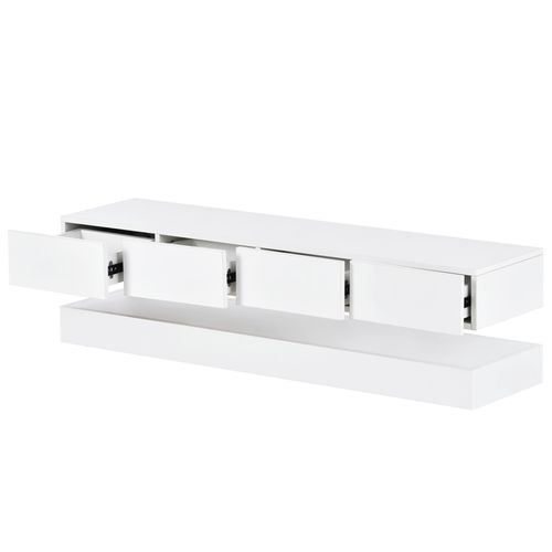 Meuble TV Mural 130 X 33 X 15 Cm Blanc Avec 4 Tiroirs, Éclairage LED Et Port USB