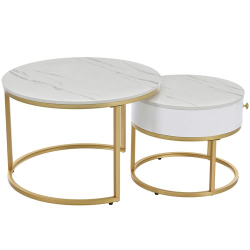 Tables Basses Gigognes Rondes 70 et 50 Cm Plateau Effet Marbre Métal Blanc Brillant