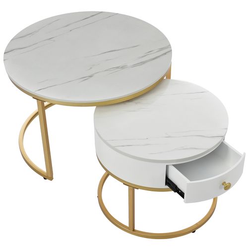 Tables Basses Gigognes Rondes 70 et 50 Cm Plateau Effet Marbre Métal Blanc Brillant