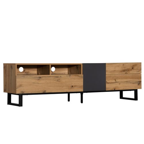 Meuble TV 180x50x38 Cm Finition Chêne Avec 2 Portes, 2 Tiroirs Et 2 Niches, Métal Anthracite