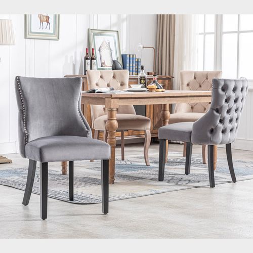 Lot De 4 Chaises Velours Gris, Dossier Capitonné, 4 Pieds Et Structure En Bois