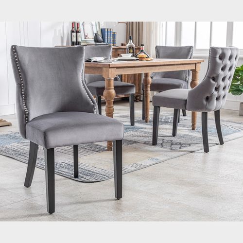 Lot De 4 Chaises Velours Gris, Dossier Capitonné, 4 Pieds Et Structure En Bois