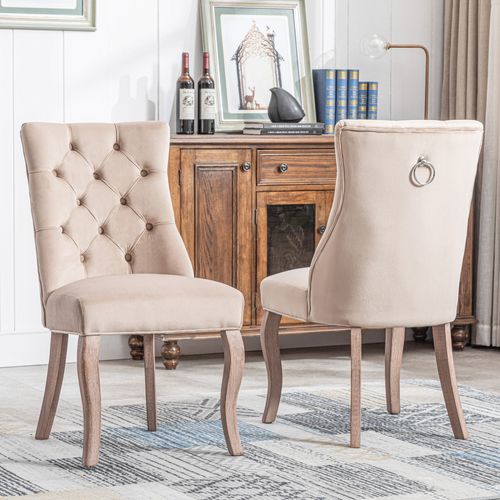Lot De 2 Chaises En Velours Beige Moderne Avec Anneau Arrière Et Pieds En Bois
