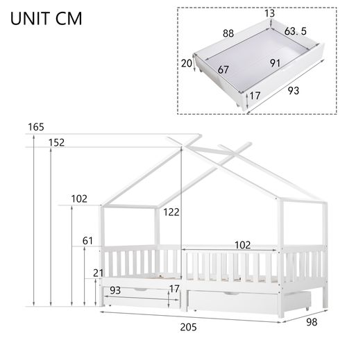 Lit Enfant Cabane 90x200 Cm Avec 2 Tiroirs De Rangement, Pin Blanc, Sommier à Lattes