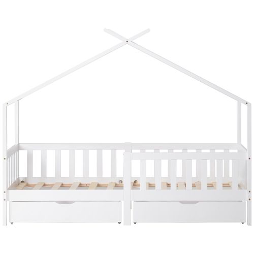 Lit Enfant Cabane 90x200 Cm Avec 2 Tiroirs De Rangement, Pin Blanc, Sommier à Lattes
