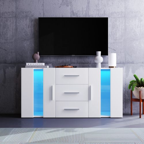 Buffet Bas Blanc 140x35x70 Cm LED Avec 3 Tiroirs De Rangement Et 2 Portes, Étagères En Verre