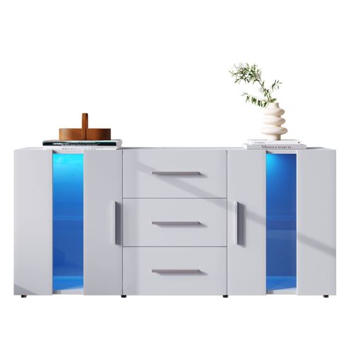 Buffet Bas Blanc 140x35x70 Cm LED Avec 3 Tiroirs De Rangement Et 2 Portes, Étagères En Verre