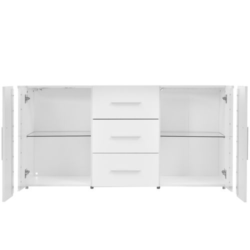 Buffet Bas Blanc 140x35x70 Cm LED Avec 3 Tiroirs De Rangement Et 2 Portes, Étagères En Verre