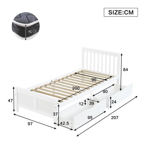 Lit Enfant 90x200 Cm En Pin Blanc Avec 2 Tiroirs Et Sommier à Lattes