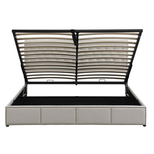 Lit Adulte Coffre 140x200 Cm 2 Places Lin Gris Avec Rangement Hydraulique, Tête Cloutée