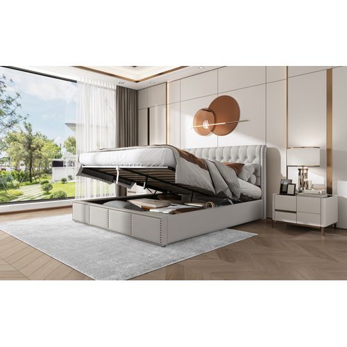 Lit Coffre 180x200 Cm 2 Places Avec Rangement, Sommier à Lattes, Lin Et Coton Gris