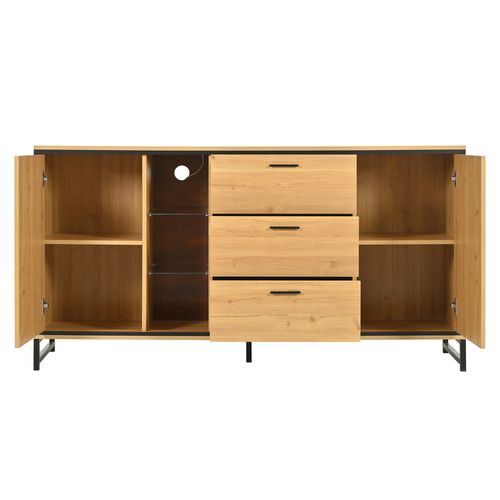 Buffet 160x40x85 Cm Bois Et Noir LED Avec Étagères Réglables, Pieds Métal