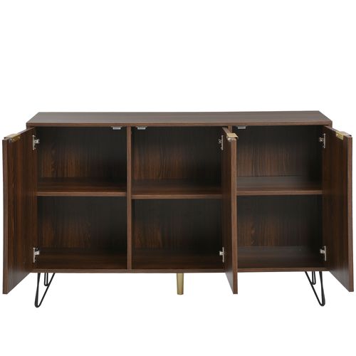 Buffet 120 Cm, 3 Portes Avec Tablette Intérieure, Poignées Dorées, Pieds Métal, Bois Naturel