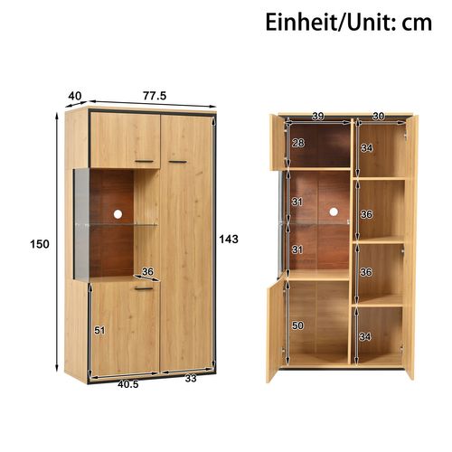 Vitrine LED 150 Cm Bois Naturel, 3 Étagères Réglables, Rangement Ouvert