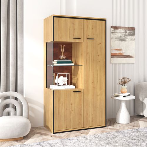 Vitrine LED 150 Cm Bois Naturel, 3 Étagères Réglables, Rangement Ouvert
