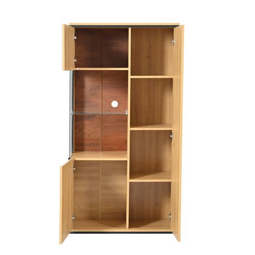 Vitrine LED 150 Cm Bois Naturel, 3 Étagères Réglables, Rangement Ouvert