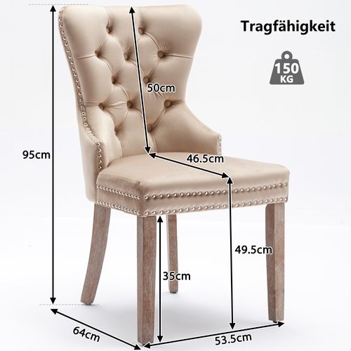 Lot De 6 Chaises Velours Beige – Pieds En Bois, Poignée Heurtoir Et Clous Décoratifs