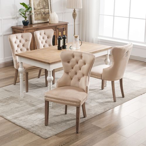Lot De 4 Chaises En Velours Beige, Pieds En Bois, Clous Décoratifs Et Poignée Ronde Arrière